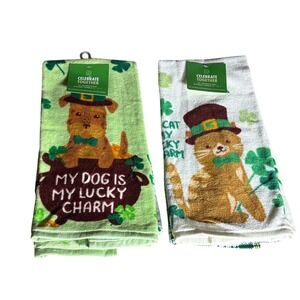 Celebrate Together St. Patrick's Day Lucky Dog and Cat Kitchen Hand Towels NEW